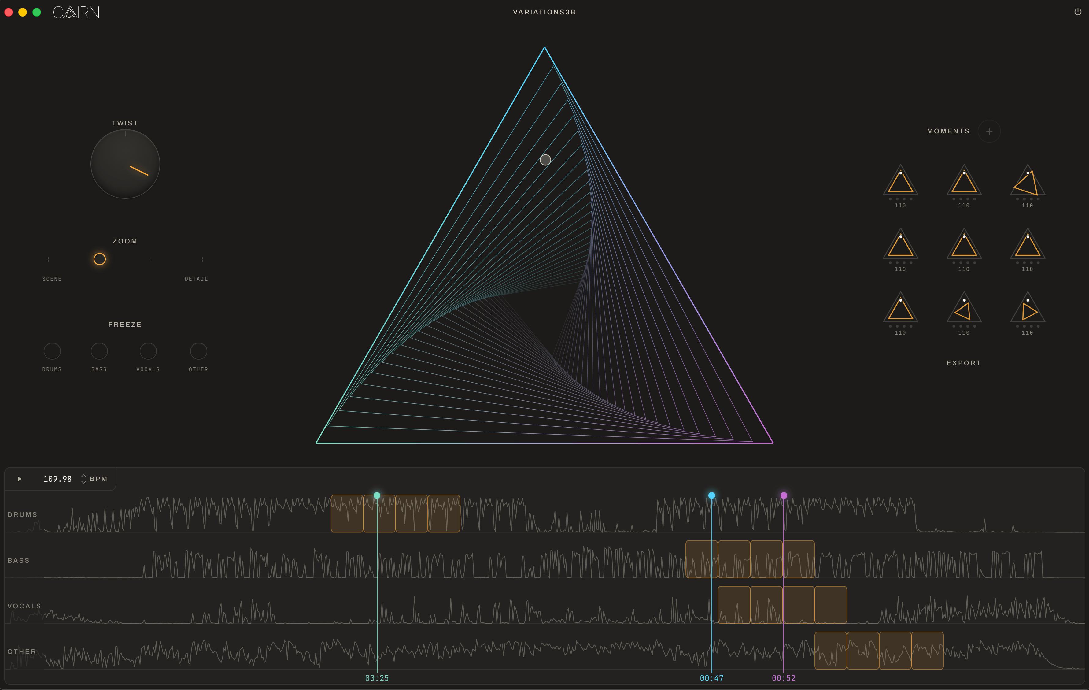 Cairn showing a recording split into drums, bass, vocals, and other, with moments marked on the timeline
