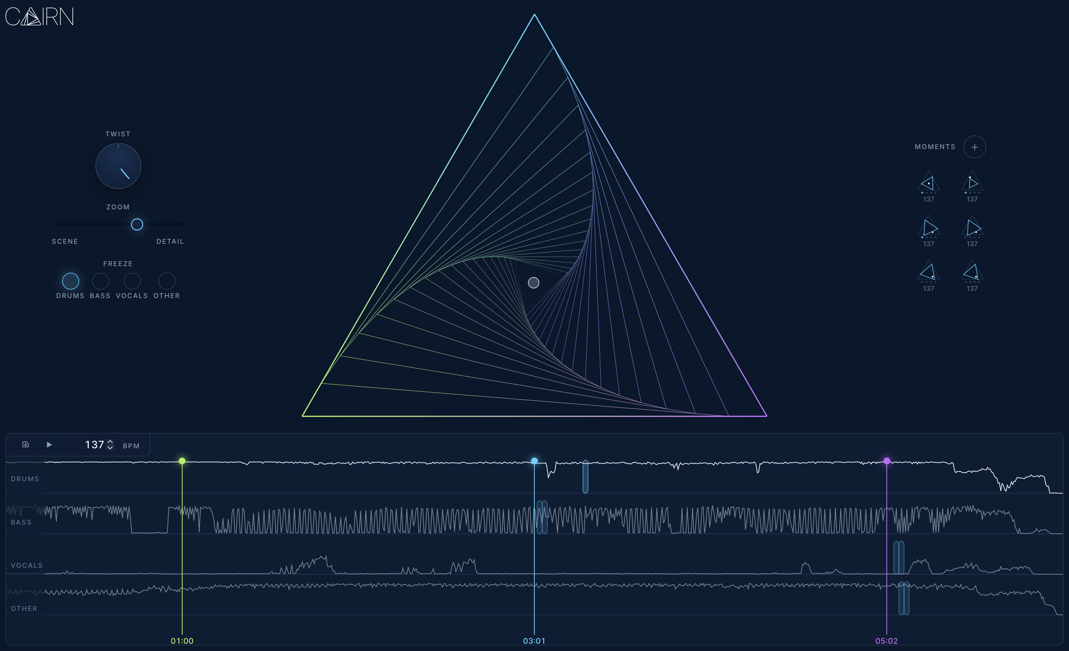 cairn showing a recording split into drums, bass, vocals, and other, with moments marked on the timeline